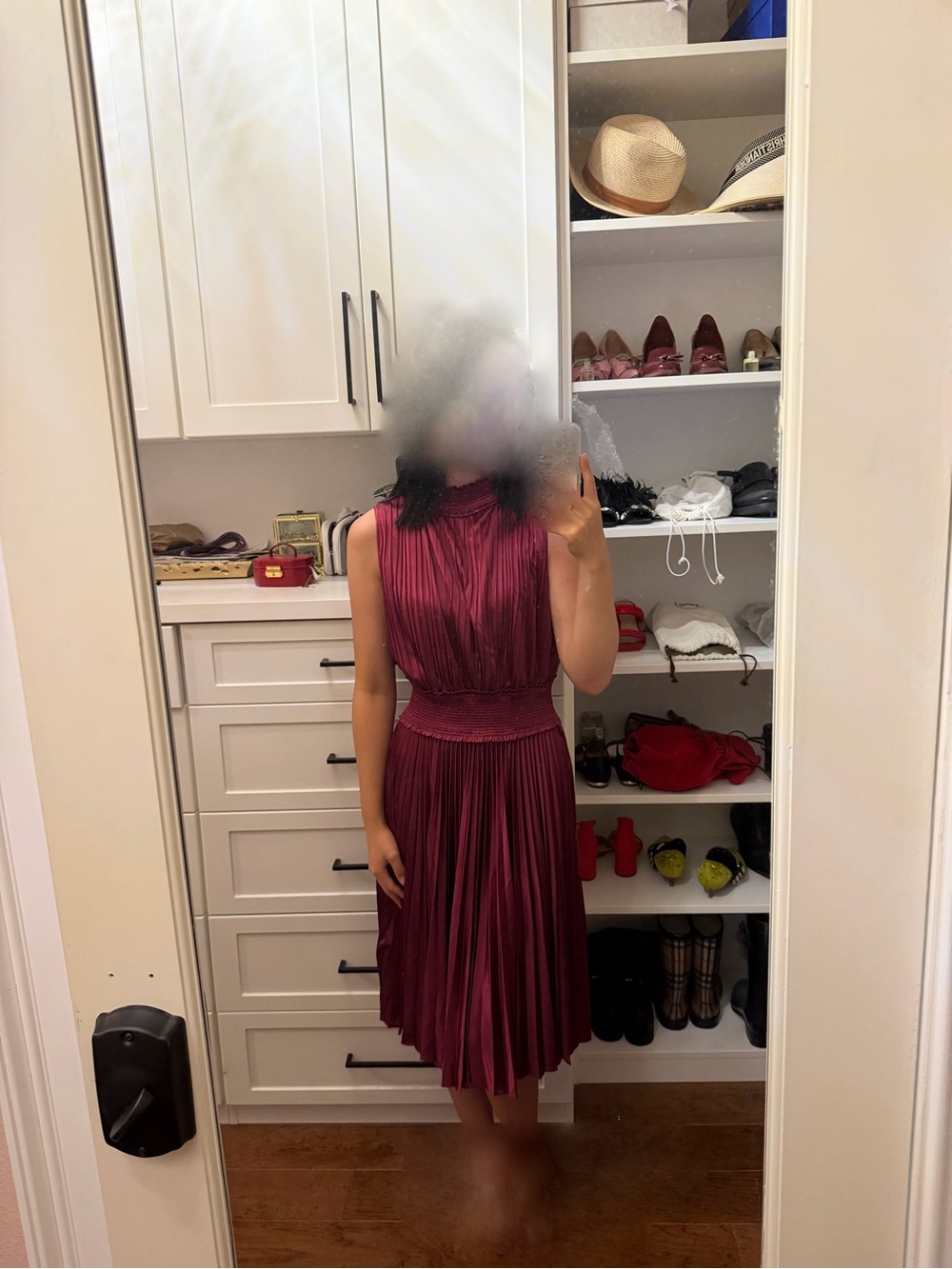 Nanette Lepore Pleated High-Neck Midi Dress in Burgundy